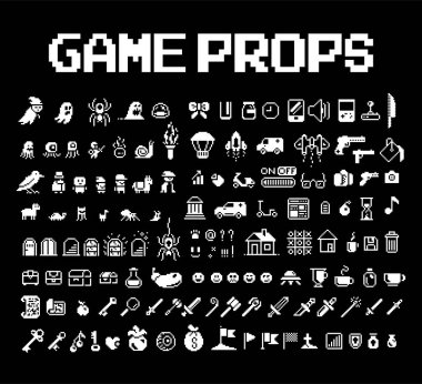 Piksel resim seti, çeşitli vektör nesneleri. Siyah ve beyaz piksel simgeleri 1-bit, 8-bit. Vektör izole edildi.