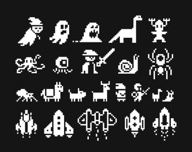 Pixel art, 1-bit icon set, black and white emojis, monsters, heroes and spaceships. Game design, mobile application details. Isolated vector illustration clipart