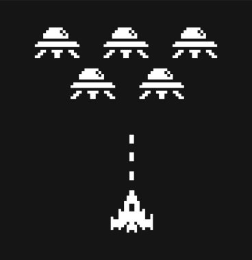 Pixel art spaceship vs. aliens , 1-bit black and white icon set. Mobile application game design. Isolated vector illustration. clipart