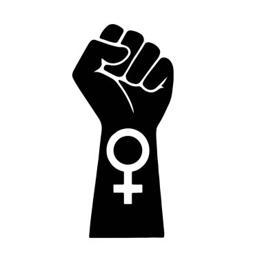 Feminist hareketin sembolü. Kadın eliyle yumruğu yukarı kaldır. Kız Gücü. Mutlu Kadınlar Günü kavramı. Siyah beyaz