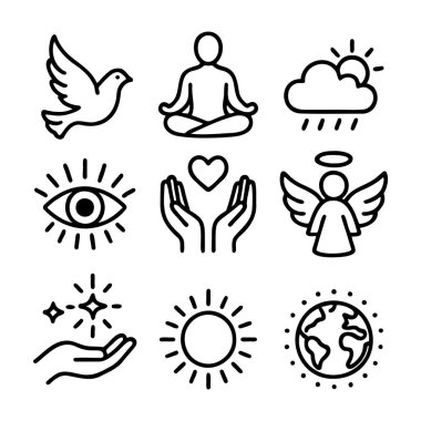 Meditasyon ve yoganın doğrusal simgelerini ayarla. Aşk ve aydınlanma.