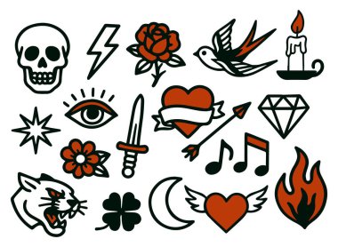 Eski moda dövme elementlerinin vektör koleksiyonu. Geleneksel, Retro tarzı. Kelebek, Ateş, Kalp, Gül, Kırlangıç ve Kafatası.