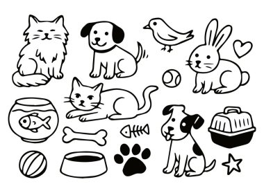 Karalama tarzı evcil hayvan seti. El çizimi. Hayvan aksesuarları: kemik, pençe, tasma, yiyecek, kedi ve köpek.
