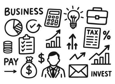 İş ve girişimcilik simgeleri karalama tarzında. Beyaz arkaplanda izole edilmiş vektör