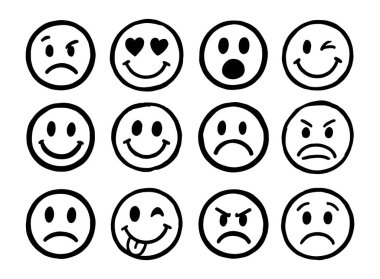 Emojilerin vektör seti. Farklı yüz ifadeleri, neşe, sevgi, gülümseme, korku, bir işaretle çizilmiş. Serbest çizim. Beyaz arkaplanda izole.