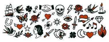 Eski moda dövme elementlerinin vektör koleksiyonu. Geleneksel, Retro tarzı. Kelebek, Ateş, Kalp, Gül, Kırlangıç ve Kafatası.