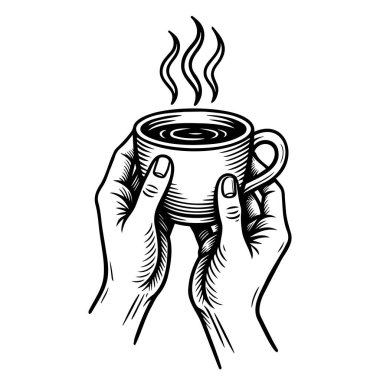 Bir fincan kahveyi tutan el çizimi. Çay partisinin el çizimi. vektör izole arkaplan