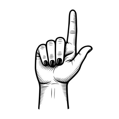 Parmağını kaldırmış el hareketi çizimi. İşleme stili. Arkaplanda izole edilmiş vektör.