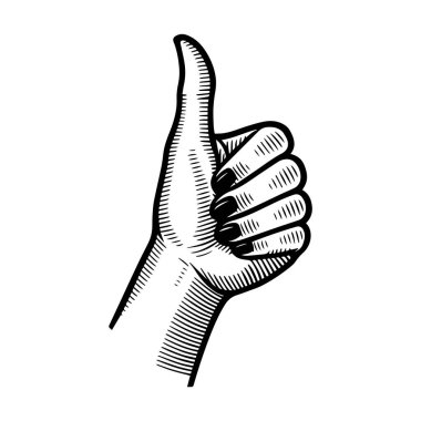 Baş parmaklarını gösteren bir el çizimi. İşleme stili. Arkaplanda vektör izole edildi.