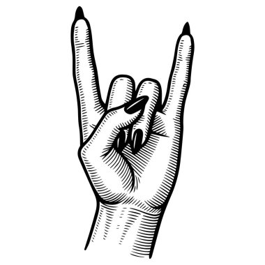 ROCK işaretini gösteren bir kadın eli çizimi. İşleme stili. Arkaplanda izole edilmiş vektör