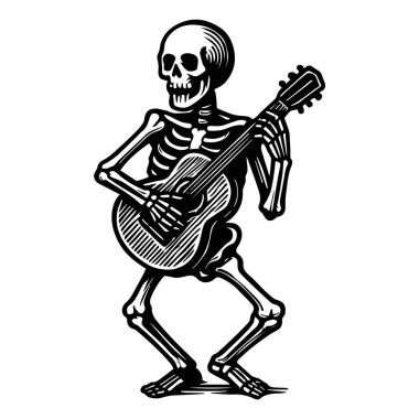 Gitar çalan iskelet. Ölüler Günü için iskelet çizimi. Beyaz arkaplanda izole edilmiş vektör.