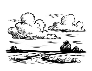 Tarlaların ve bulutların manzarası, çiftlik. Vektör illüstrasyonu, el çizimi.