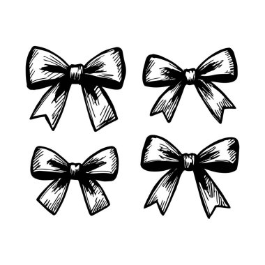 Beyaz arka planda izole edilmiş basit dekoratif kurdele yayları çizimi. El çizimi yay silueti.