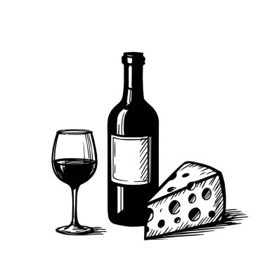 İki şarap kadehi tutan insan eli çizimleri, beyaz üzerine izole edilmiş siyah beyaz el çizimleri.