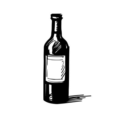 Şarap şişesi çizim kalemi, el çizimi. Beyaz üzerine izole edilmiş vektör.