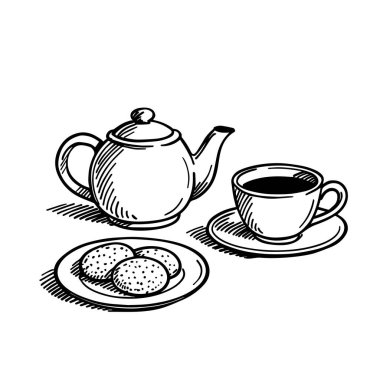 Çaydanlık fincanı ve kurabiye çizimi. El çizimi vektör illüstrasyonu