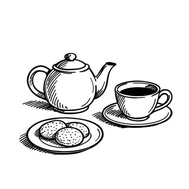 Çaydanlık fincanı ve kurabiye çizimi. El çizimi vektör illüstrasyonu