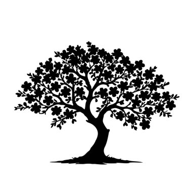 Kiraz ağacı ya da kiraz ağacının silüeti. Beyaz arka planda izole edilmiş. Vektör ağacı logosu