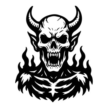 Siyah ve beyaz şeytan, boynuzları ve omuzlarında alevleri var. Vektör izole edilmiş arkaplan