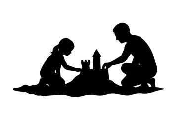 Çocuklu fantezi kumdan bir kalenin vektör çizimi silueti.