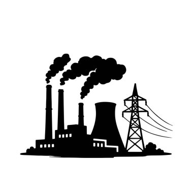 Nükleer santral afiş, termal istasyon, nükleer reaktör ve güç hatları, vektör çizim siluet