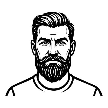 Klasik saç stiline sahip sakallı bir adamın siyah beyaz portresi. Berber dükkanları, logolar, markalar ve baskılar için.