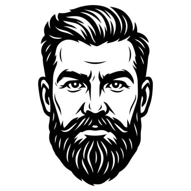 Klasik saç stiline sahip sakallı bir adamın siyah beyaz portresi. Berber dükkanları, logolar, markalar ve baskılar için.
