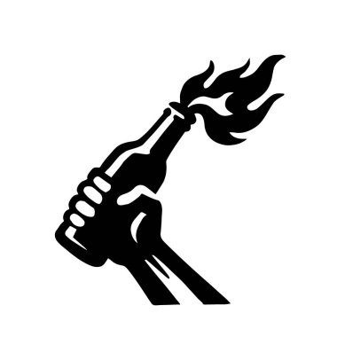Molotof kokteyli tutan bir elin siyah beyaz vektör silueti. Protesto sanatı tarzında resim