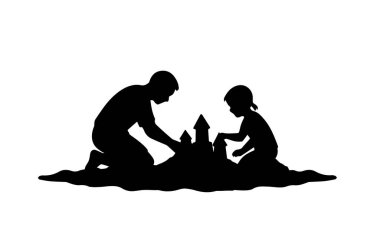 Çocuklu fantezi kumdan bir kalenin vektör çizimi silueti.