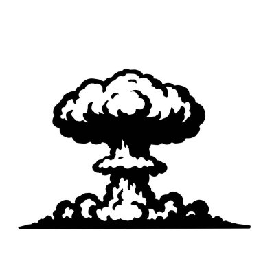 Nükleer patlama siyah beyaz şablon. Nükleer mantar silueti. Vektör illüstrasyonu