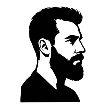 Klasik saç stiline sahip sakallı bir adamın siyah beyaz portresi. Berber dükkanları, logolar, markalar ve baskılar için.