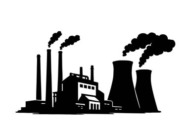 Nükleer santral afiş, termal istasyon, nükleer reaktör ve güç hatları, vektör çizim siluet