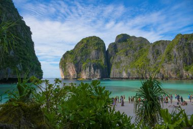 Tayland 'daki Phi phi adalarında turkuvaz suyu ile Maya Körfezi