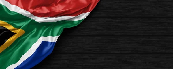 Primo Piano Della Bandiera Sudafricana Sullo Sfondo Legno Nero Rendering — Foto Stock