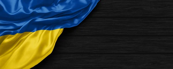 Zbliżenie Flagi Ukrainy Czarnym Drewnianym Tle Renderowania — Zdjęcie stockowe