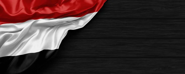 Zbliżenie Flagi Yaman Czarnym Drewnianym Tle Renderowania — Zdjęcie stockowe