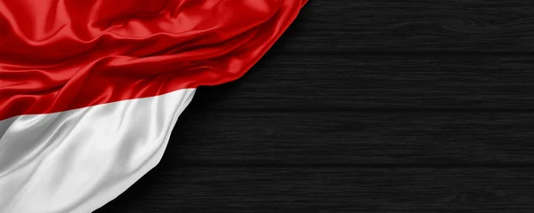 Detailní Záběr Indonéské Vlajky Černém Dřevěném Pozadí Vykreslení — Stock fotografie