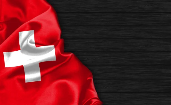Fechar Bandeira Suíça Topo Fundo Madeira Preta — Fotografia de Stock