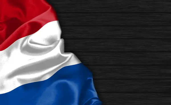Fechar Bandeira Dos Países Baixos Topo Fundo Madeira Preta — Fotografia de Stock
