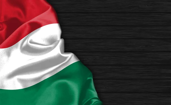 Zbliżenie Flagi Węgier Szczycie Czarnego Drewnianego Tła — Zdjęcie stockowe