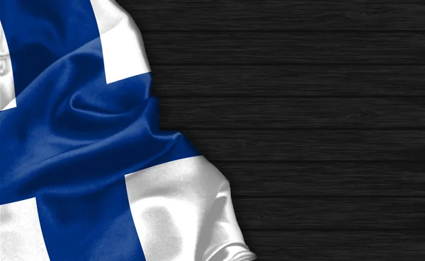 Zbliżenie Flagi Finlandii Szczycie Czarnego Drewnianego Tła — Zdjęcie stockowe