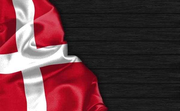 Zbliżenie Flagi Danii Szczycie Czarnego Drewnianego Tła — Zdjęcie stockowe