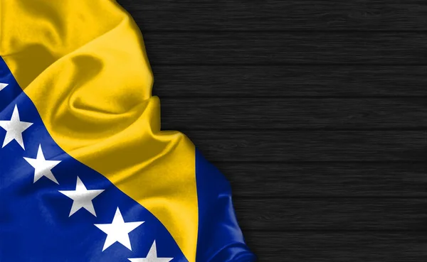Primer Plano Bandera Bosnia Herzegovina Parte Superior Del Fondo Madera — Foto de Stock