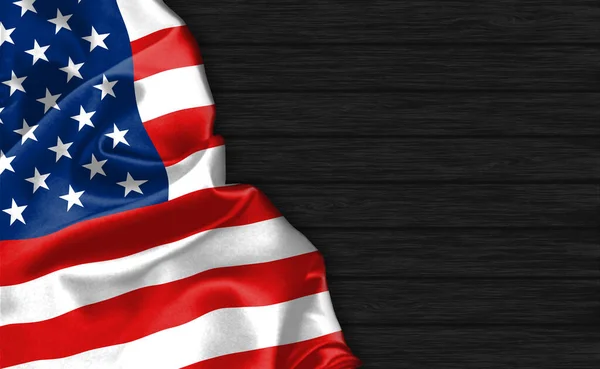 在黑色木制背景的顶部悬挂美国国旗 — 图库照片