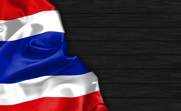 Primer Plano Bandera Tailandia Parte Superior Del Fondo Madera Negro — Foto de Stock