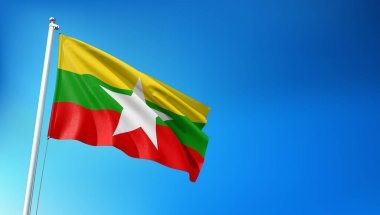 Myanmar Bayrağı Mavi Gökyüzü Arkaplanda 3B Görüntü