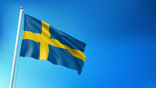 Svédország Zászló Flying Blue Sky Háttér Render — Stock Fotó