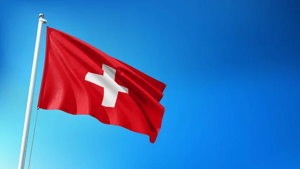 Švýcarsko Vlajka Létání Pozadí Modrého Nebe Render — Stock fotografie