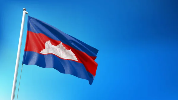 Kamboçya Bayrağı Mavi Gökyüzü Arkaplanında Dalgalanıyor Yapılandırma — Stok fotoğraf
