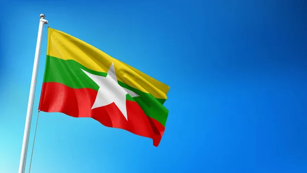 Flaga Związku Myanmar Tle Błękitnego Nieba Render — Zdjęcie stockowe